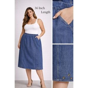 Ulla Popken Denim Maxi Skirt Plus Size 28/30 Medium Wash Pull On Pockets